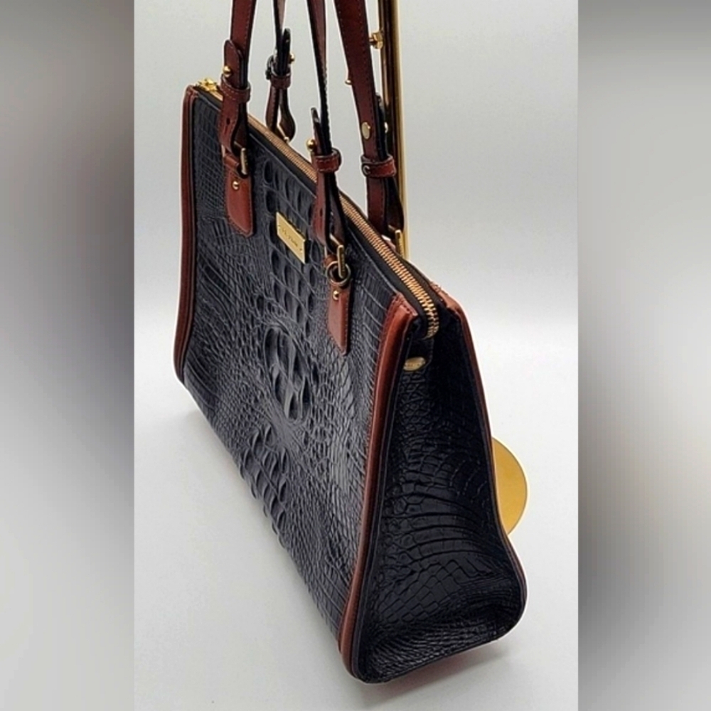 BRAHMIN Black Croc Embossed Crox Leather Shopper's Tote Cognac Leather Strap - Picture 4 of 15